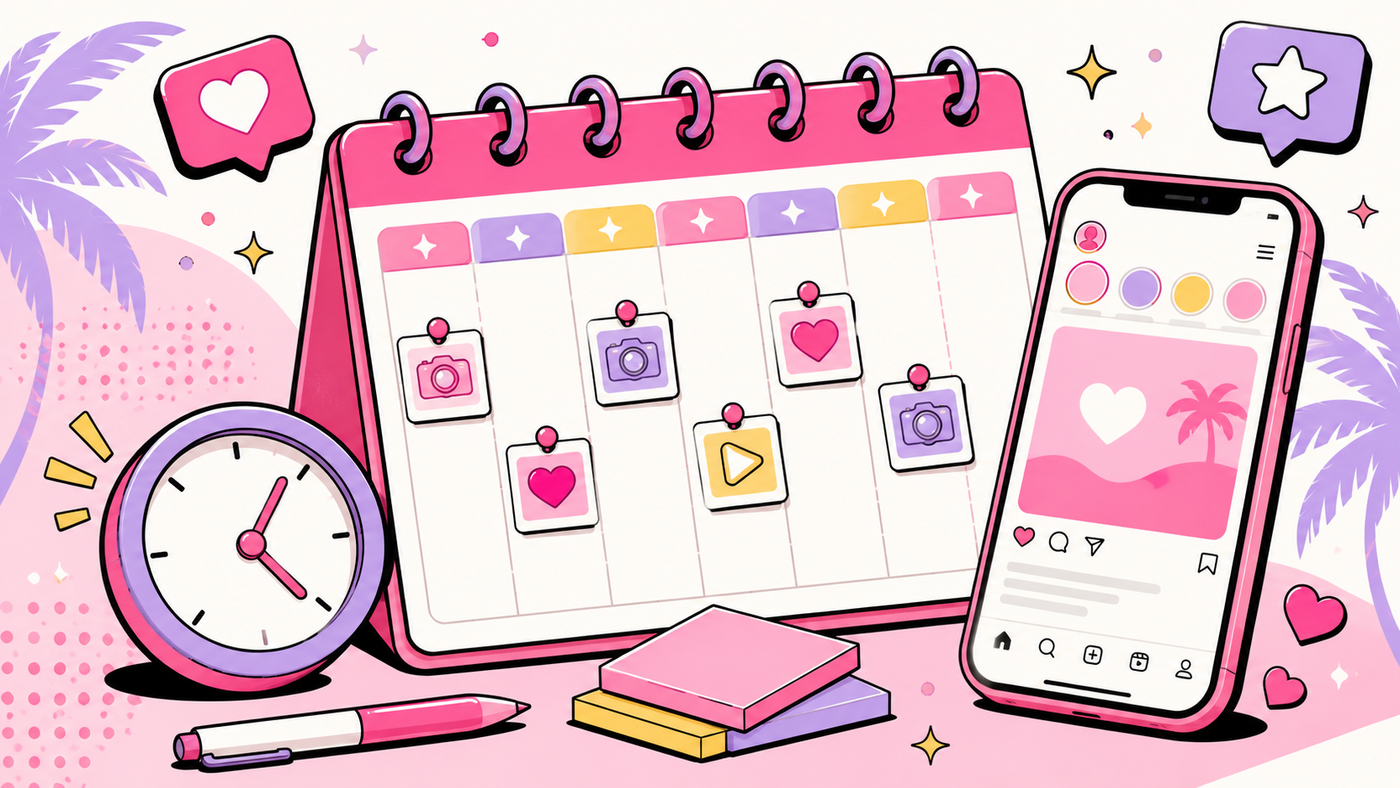 Pink and lavender illustration of a content calendar with scheduled social posts, a clock and a phone showing an Instagram feed