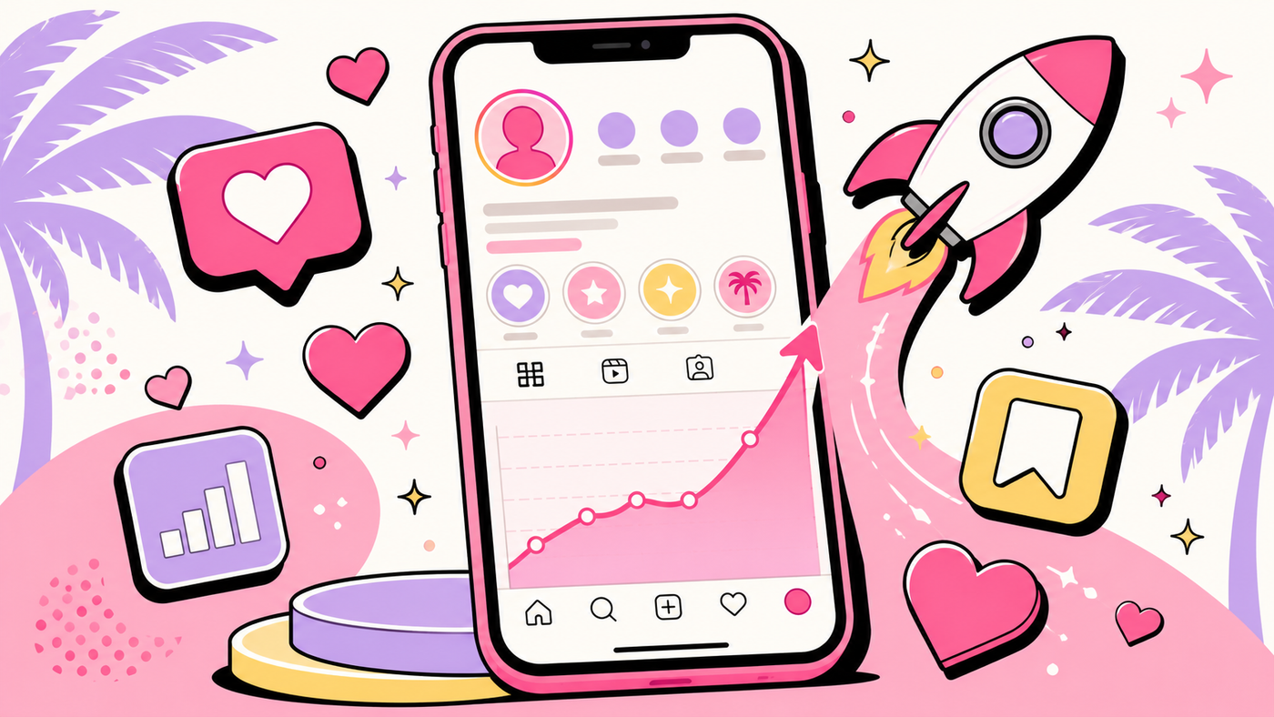 Pink and lavender illustration of a phone showing a rising Instagram growth graph with a rocket, hearts and engagement icons