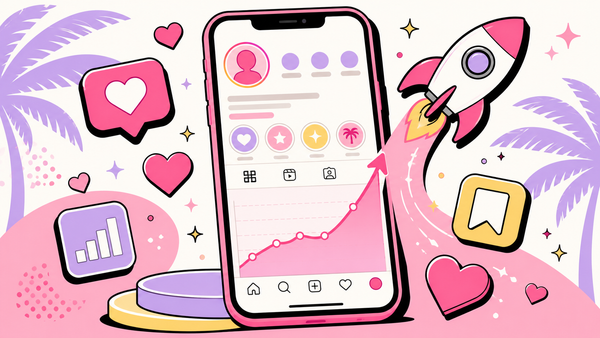Pink and lavender illustration of a phone showing a rising Instagram growth graph with a rocket, hearts and engagement icons