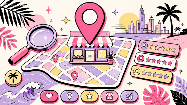 Pink and lavender illustration of a local map with a location pin on a storefront, a magnifying glass and five-star reviews
