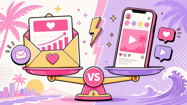 Pink and lavender illustration of a balance scale weighing an email envelope against a phone showing social media, with a VS badge