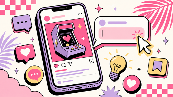 Pink and lavender illustration of a phone showing an arcade-machine social post with a chat bubble and cursor, representing captions that convert